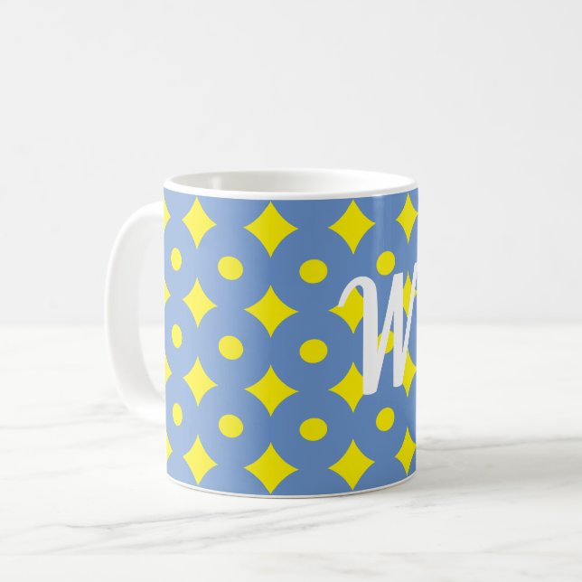 pretty blue & yellow pattern, monogram mug (Front Left)