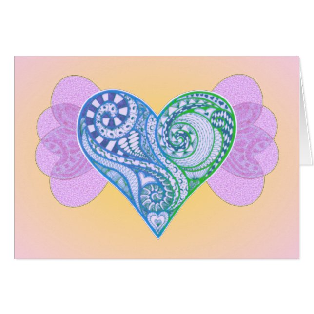 Pretty Blue Zen Tangle Heart with Wings on Pink (Front Horizontal)