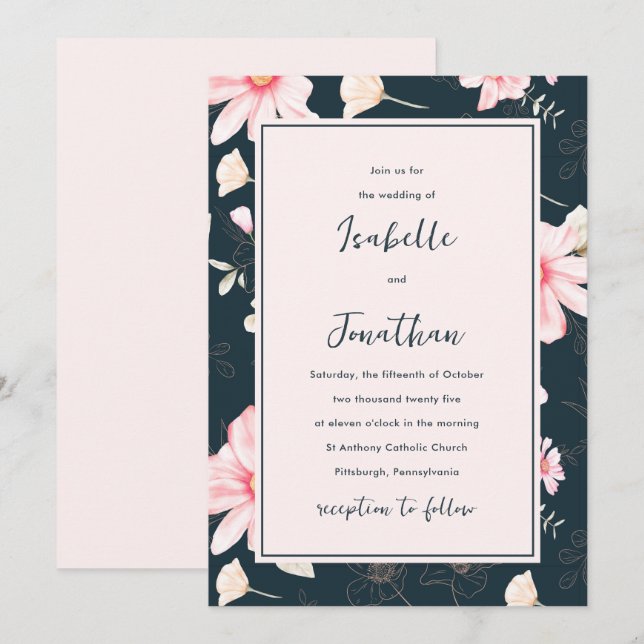 Pretty Blush Blue Floral Pattern Wedding Invitation (Front/Back)