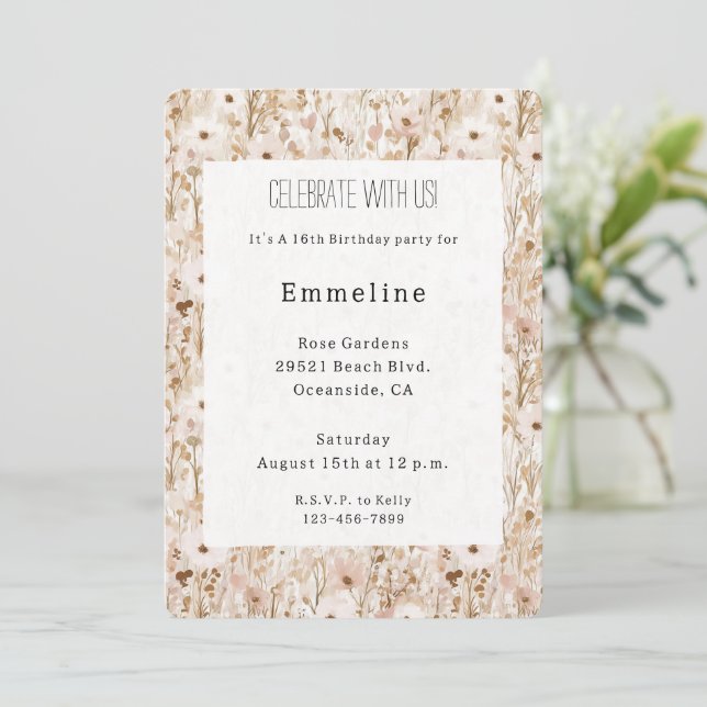 Pretty Blush Brown Floral Birthday Invitation (Standing Front)