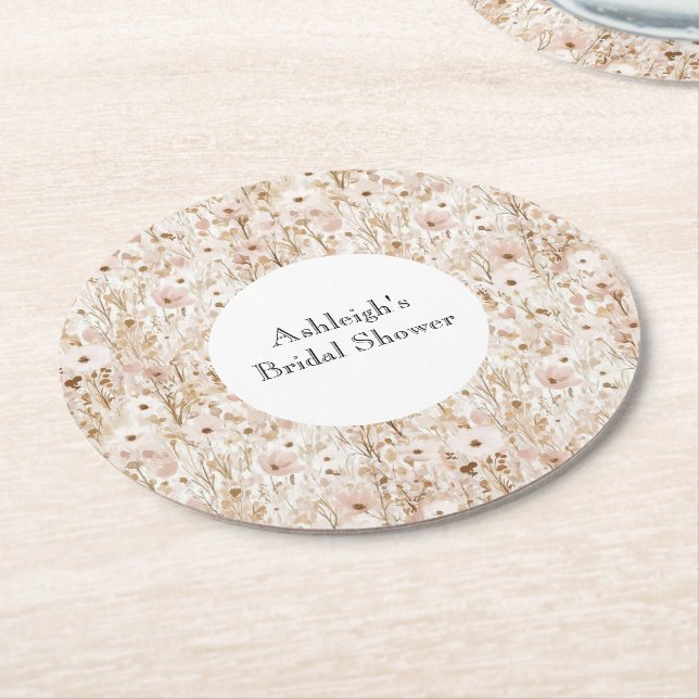 Pretty Blush Brown Floral Bridal Shower Round Paper Coaster (Angled)
