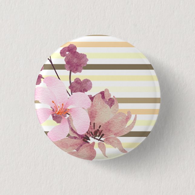 Pretty Blush Coloured Floral Striped 3 Cm Round Badge (Front)