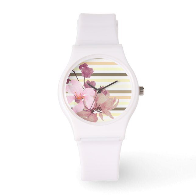 Pretty Blush Coloured Floral Striped  Watch (Front)