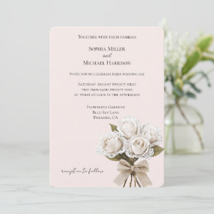 Pretty Blush Faux Lace White Roses Floral Wedding Invitation