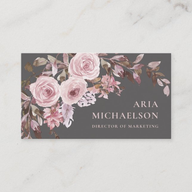 Pretty Blush Floral Bouquet on Elegant Grey Business Card (Front)