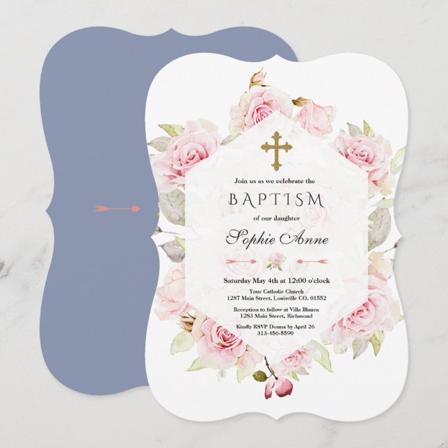 Pretty Blush Floral Geometric Dusty Blue Baptism Invitation (Front/Back)
