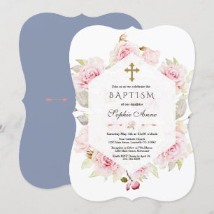 Pretty Blush Floral Geometric Dusty Blue Baptism Invitation