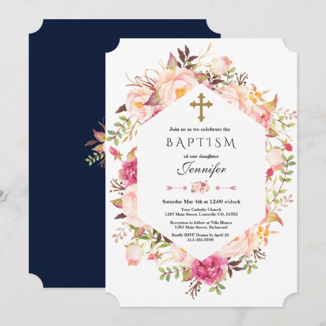 Pretty Blush Floral Geometric Dusty Blue Baptism Invitation (Front/Back)