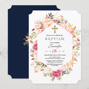Pretty Blush Floral Geometric Dusty Blue Baptism Invitation