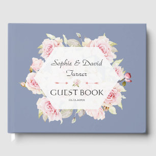 Pretty Blush Floral Geometric Dusty Blue Wedding Guest Book