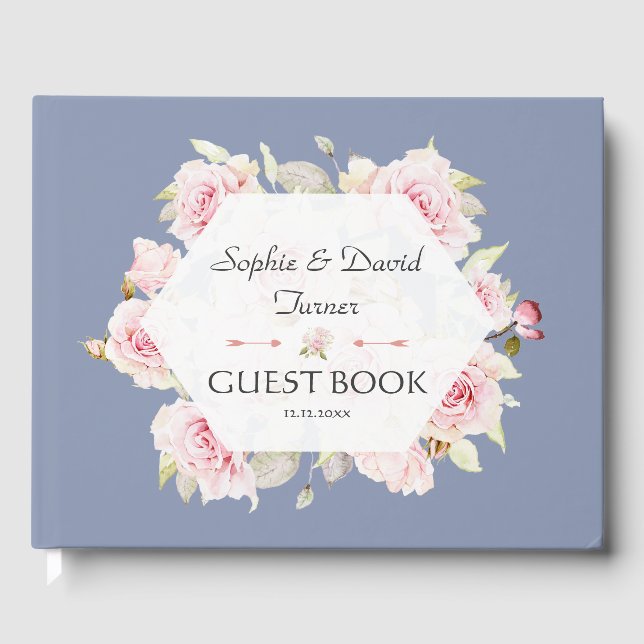 Pretty Blush Floral Geometric Dusty Blue Wedding Guest Book (Front)