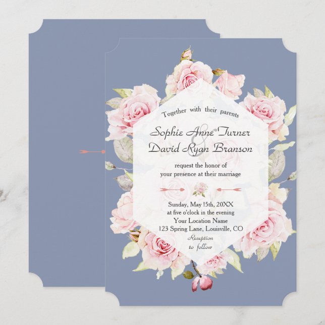 Pretty Blush Floral Geometric Dusty Blue Wedding Invitation (Front/Back)