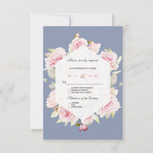 Pretty Blush Floral Geometric Dusty Blue Wedding RSVP Card