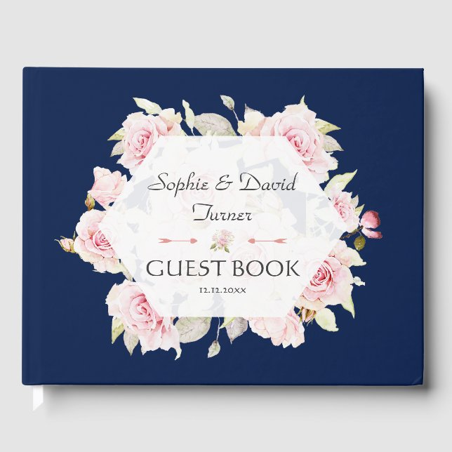 Pretty Blush Floral Geometric Navy Blue Wedding Guest Book (Front)