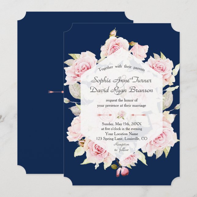 Pretty Blush Floral Geometric Navy Blue Wedding Invitation (Front/Back)