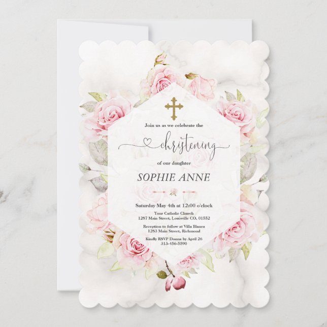 Pretty Blush Floral Girl Christening Calligraphy Invitation (Front)