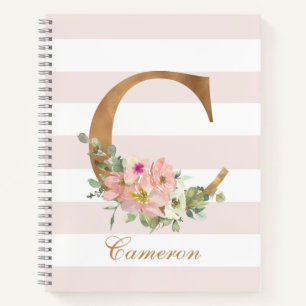 Pretty Blush Floral Gold Foil Letter C Monogram Notebook