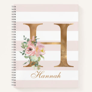 Pretty Blush Floral Gold Foil Letter H Monogram Notebook