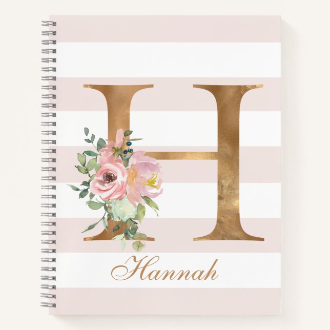 Pretty Blush Floral Gold Foil Letter H Monogram Notebook (Front)