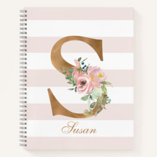 Pretty Blush Floral Gold Foil Letter S Monogram Notebook