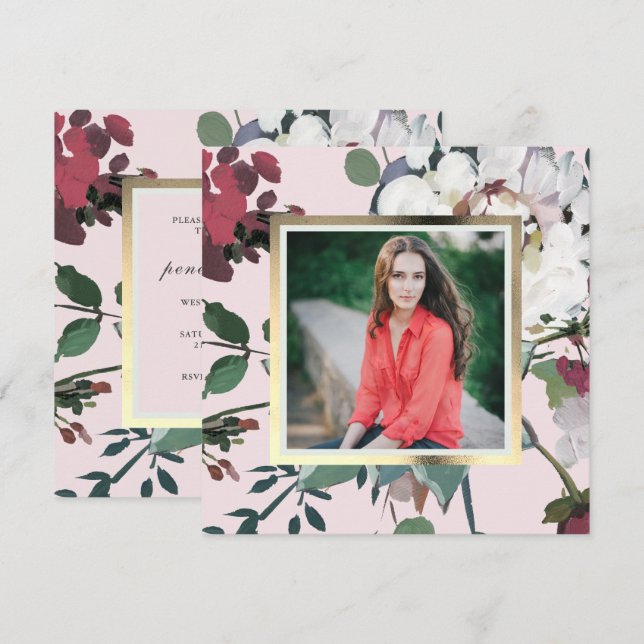 Pretty Blush Floral Graduation Party Photo Invitation (Front/Back)