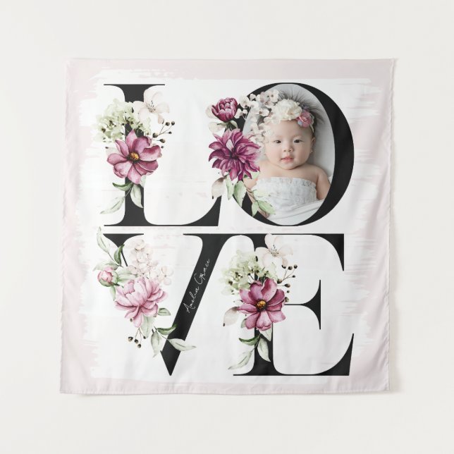 Pretty Blush Floral LOVE Baby Girl Birthday Decor Tapestry (Front)