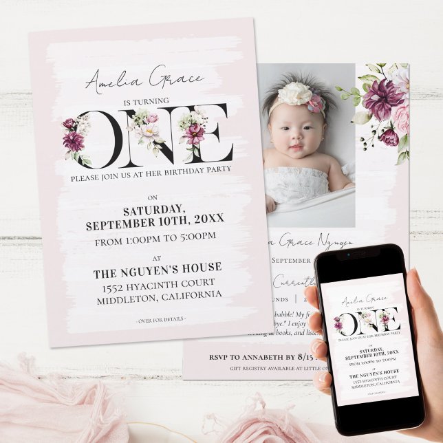 Pretty Blush Floral ONE Baby Girl's First Birthday Invitation (Creator Uploaded)