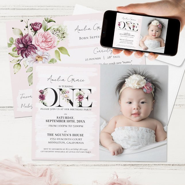 Pretty Blush Floral ONE Baby Girl's First Birthday Invitation (Creator Uploaded)