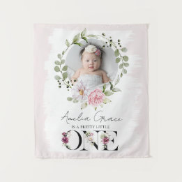 Pretty Blush Floral ONE First Birthday Baby Photo Tapestry
