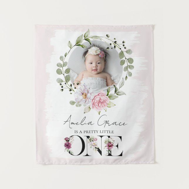 Pretty Blush Floral ONE First Birthday Baby Photo Tapestry (Front)