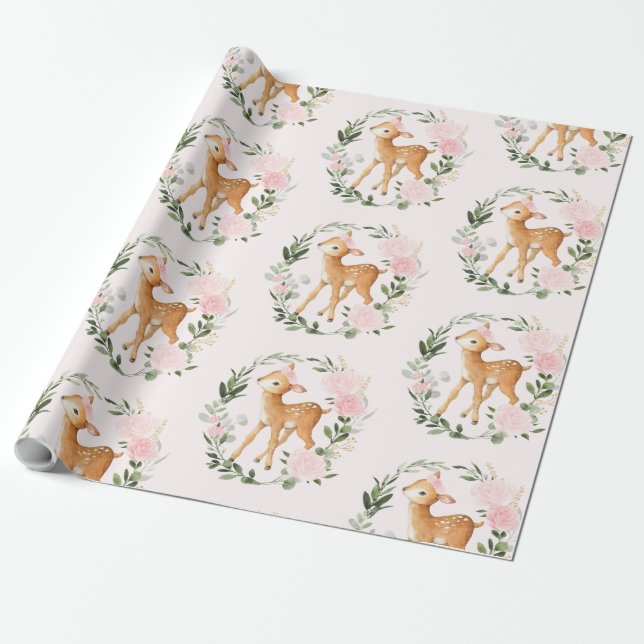 Pretty Blush Floral Woodland Deer Baby Fawn Wrapping Paper (Unrolled)