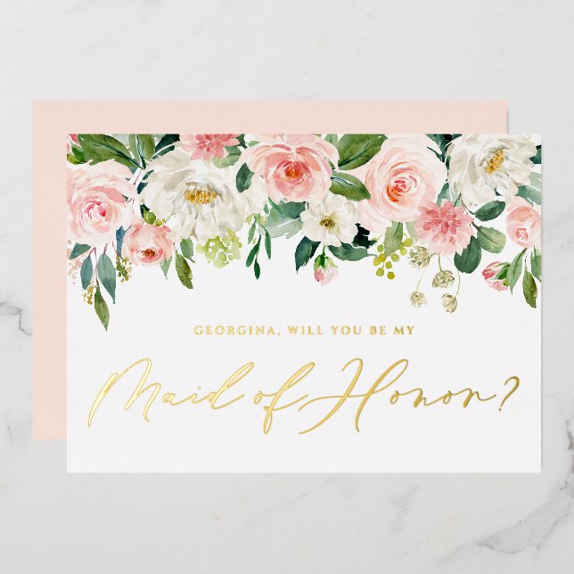 Pretty Blush Flowers Will You Be My Maid of Honour (Front/Back)