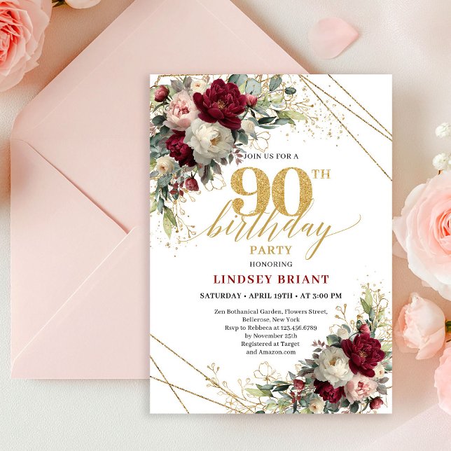 Pretty Blush Gold Floral 90th Birthday Invitation  (Pretty Blush Gold Floral 90th Birthday Invitation Card

)