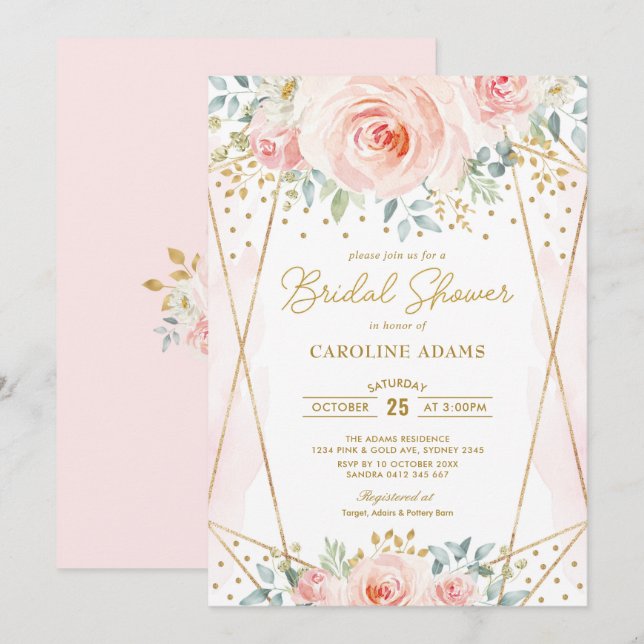 Pretty Blush Gold Floral Geometric Bridal Shower Invitation (Front/Back)