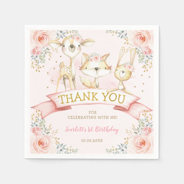 Pretty Blush Gold Floral Woodland Animals Birthday Napkin (Front)