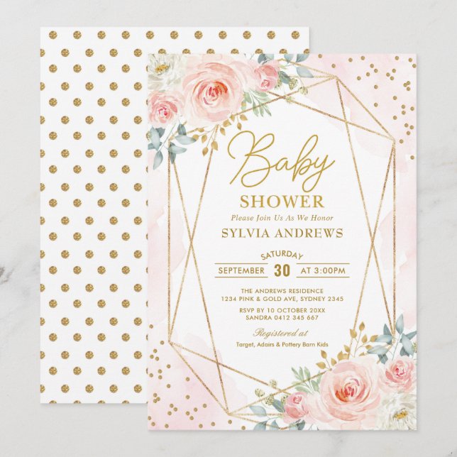 Pretty Blush Gold Geometric Floral Baby Shower Invitation (Front/Back)
