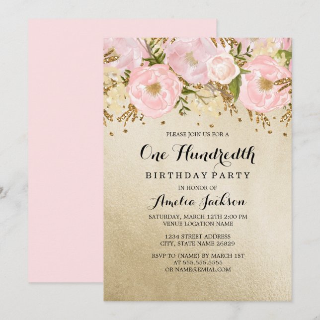 Pretty Blush Gold Pink Floral 100th Birthday Invitation (Front/Back)
