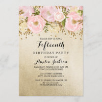 Pretty Blush Gold Pink Floral 15th Birthday