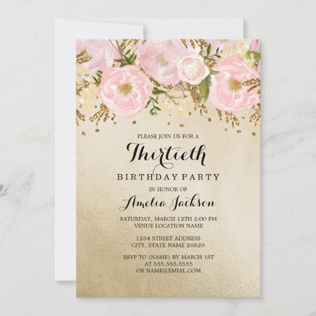 Pretty Blush Gold Pink Floral 30th Birthday Invitation (Front)
