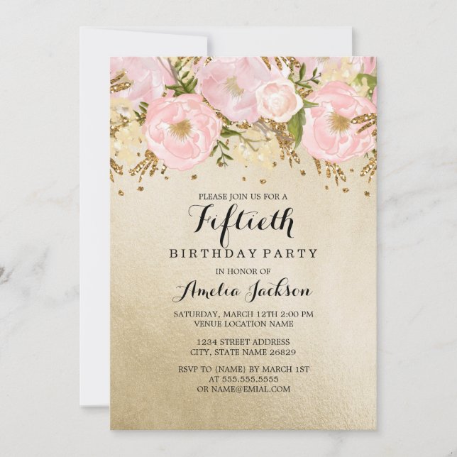 Pretty Blush Gold Pink Floral 50th Birthday Invitation (Front)