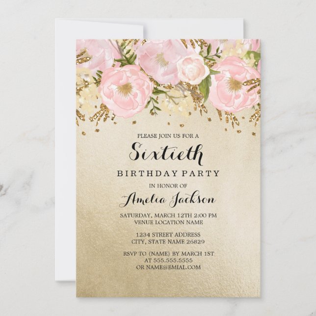 Pretty Blush Gold Pink Floral 60th Birthday Invitation (Front)