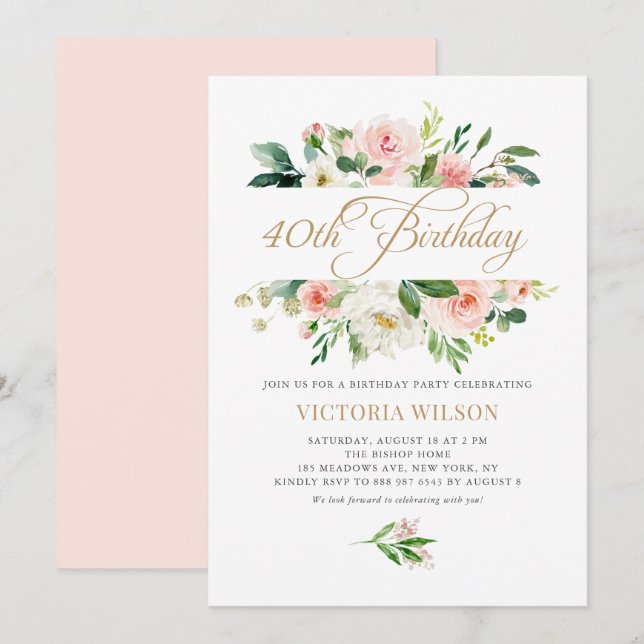Pretty Blush Peony Floral Frame 40th Birthday Invitation (Front/Back)