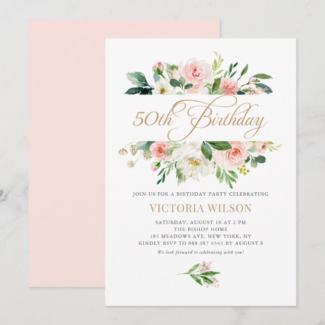 Pretty Blush Peony Floral Frame 50th Birthday Invitation (Front/Back)