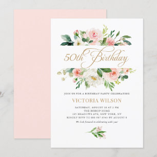 Pretty Blush Peony Floral Frame 50th Birthday Invitation