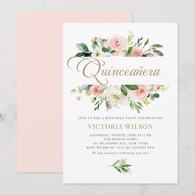 Pretty Blush Peony Floral Frame Quinceañera Invitation (Front/Back)