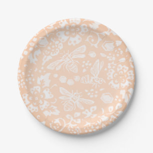 Pretty Blush Pink Bee Floral Garden Pattern Paper Plate