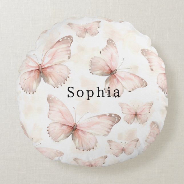 Pretty Blush Pink Butterflies Round Cushion (Front)