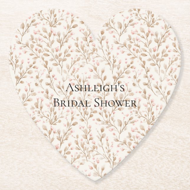 Pretty Blush Pink Cream Floral Bridal Shower Paper Coaster (Front)