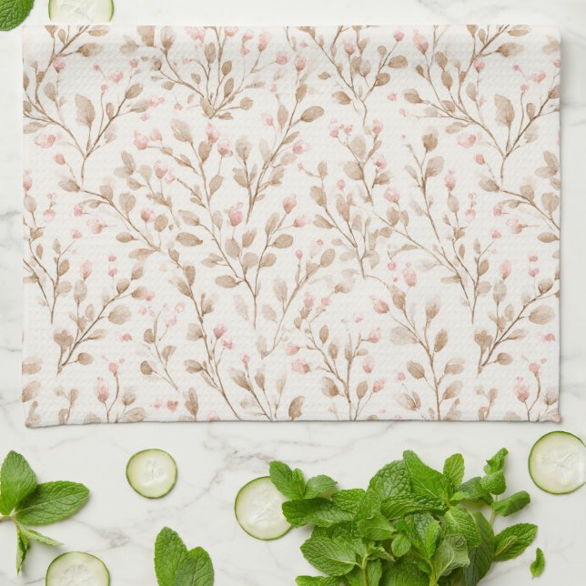 Pretty Blush Pink Cream Floral  Tea Towel (Folded)