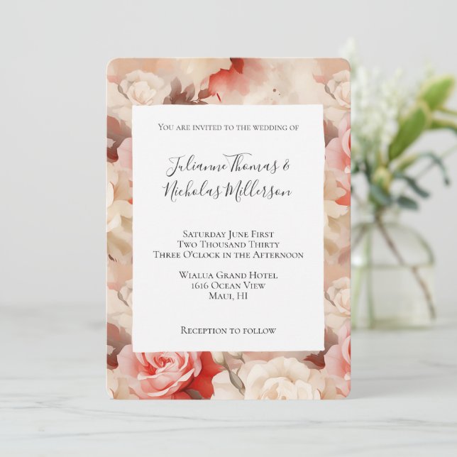 Pretty Blush Pink Cream Rose Floral Wedding  Invitation (Standing Front)
